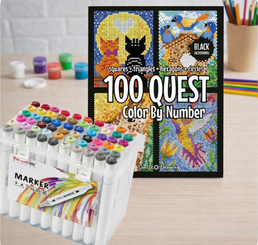 دفتر التلوين بالارقام ١٠٠ رسمة مع ١٢ لون ماركر