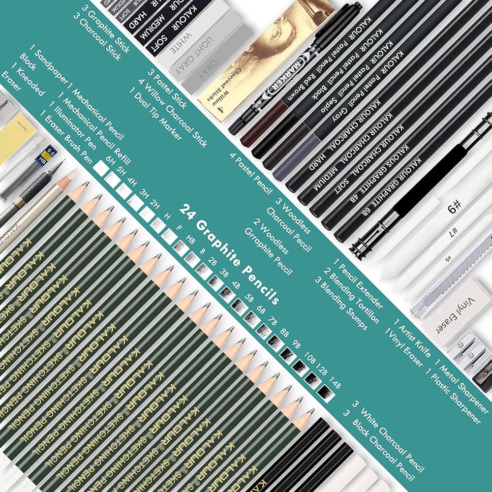 ادوات طقم فحم كامل مكون من ٧٠ قطعة لرسم السكتشات و رسمات الرصاص